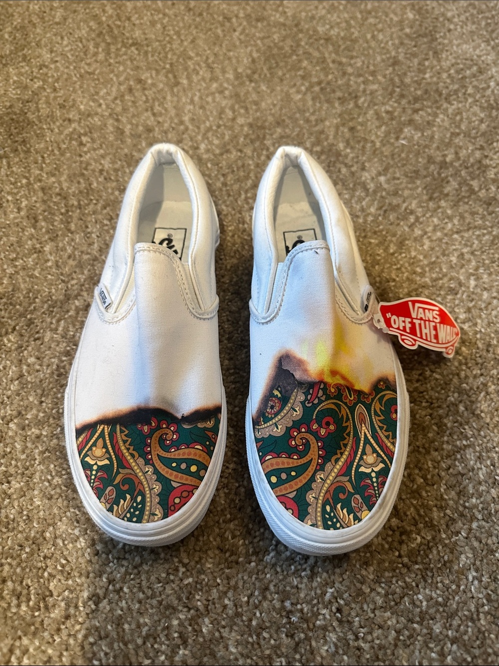 Vans White Slip-On Sneakers with Multicolor Paisley Accent